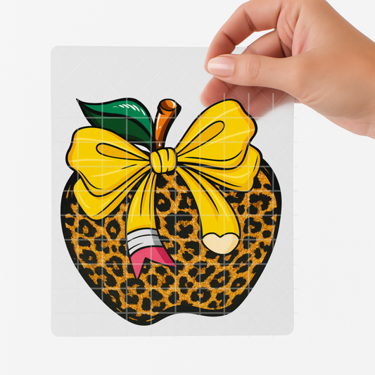 Leopard Apple with Yellow Pencil Bow DTF Transfer